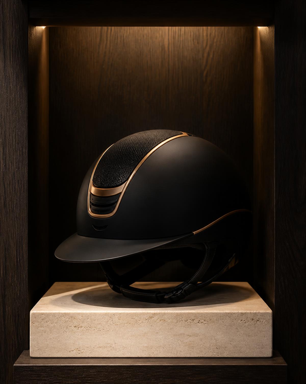 A riding hat on a shelf in The Riding Room